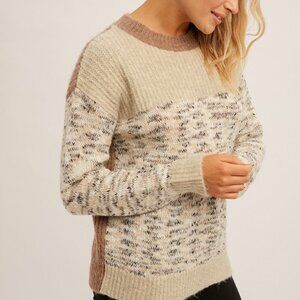 HEM & THREAD Colorblock Knit Sweater, Neutral Beige Brown Multi, Soft Cozy